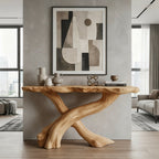 Solid Wood Live-Edge Console Table Crossed Branch Legs Organic Entryway Accent