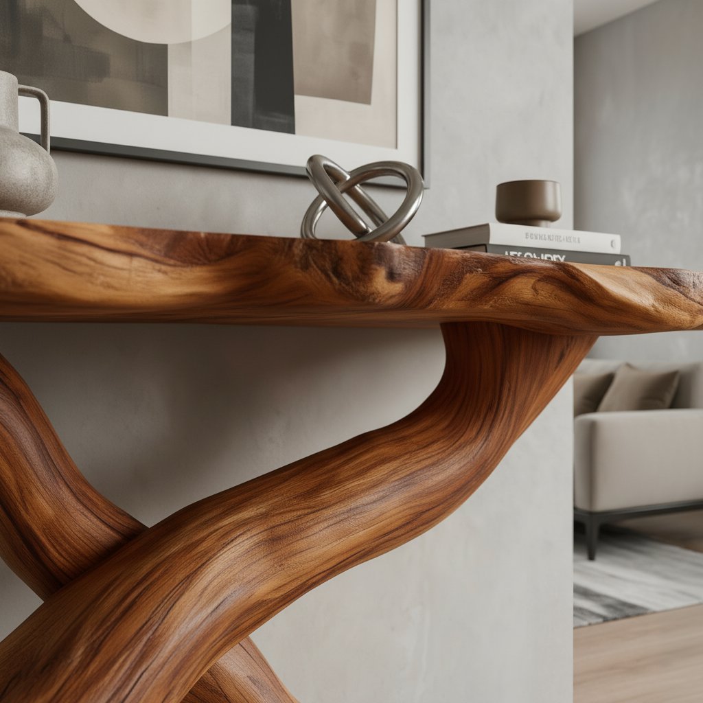Solid Wood Live-Edge Console Table Crossed Branch Legs Organic Entryway Accent