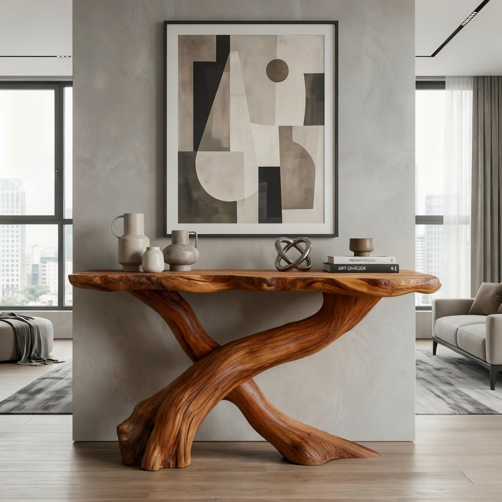 Solid Wood Live-Edge Console Table Crossed Branch Legs Organic Entryway Accent