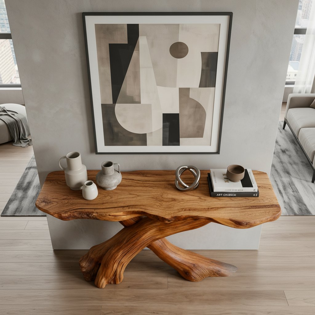 Solid Wood Live-Edge Console Table Crossed Branch Legs Organic Entryway Accent