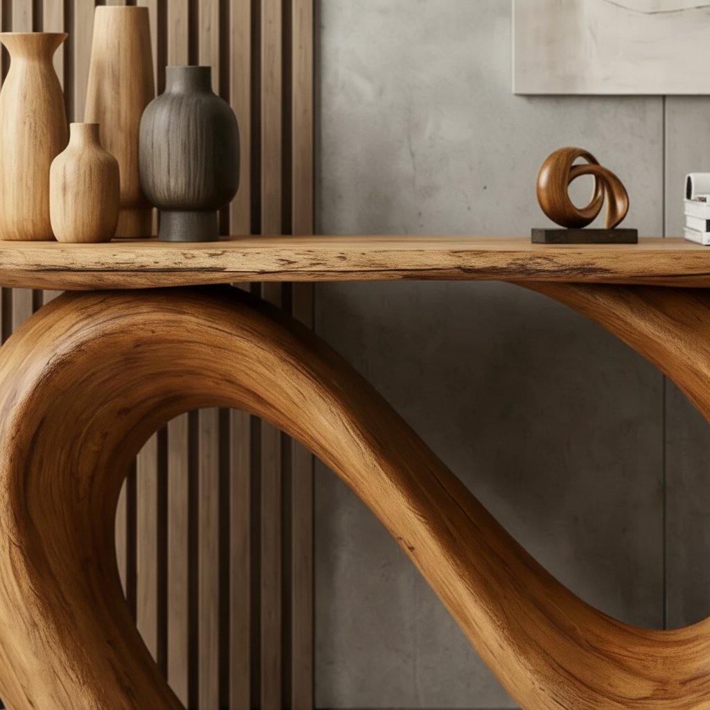 Solid Wood Live-Edge Console Table Sweeping S-Curve Leg Oak Modern Hallway