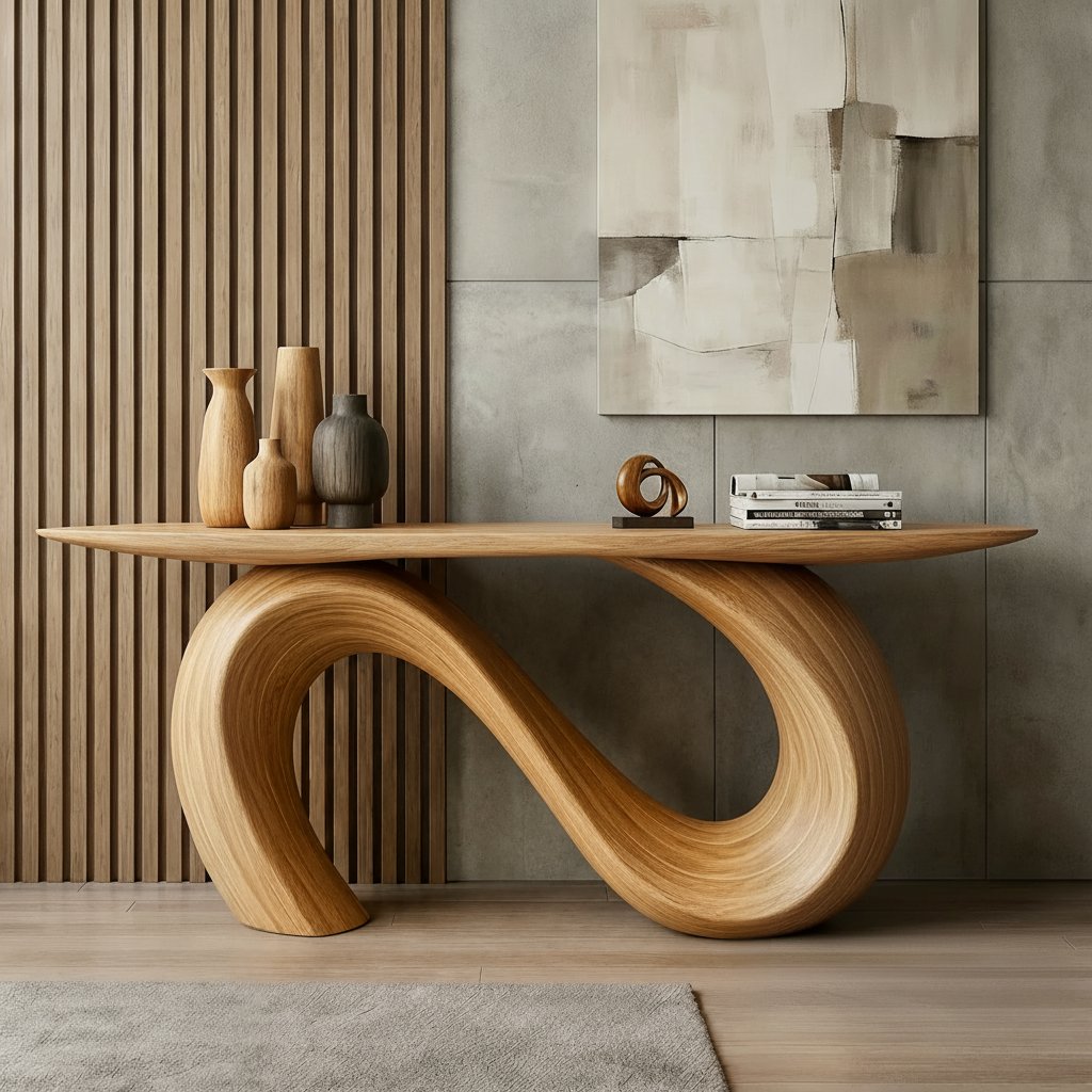 Solid Wood Live-Edge Console Table Sweeping S-Curve Leg Oak Modern Hallway