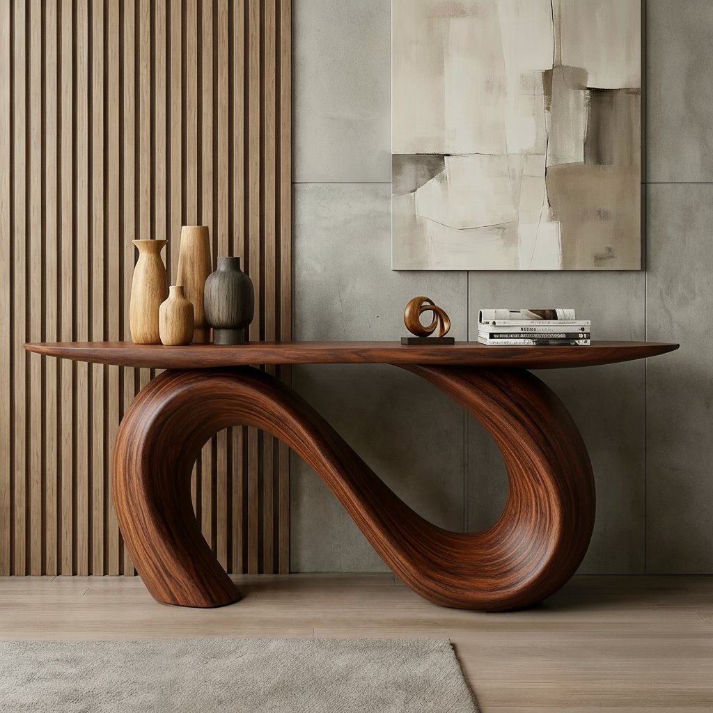 Solid Wood Live-Edge Console Table Sweeping S-Curve Leg Oak Modern Hallway