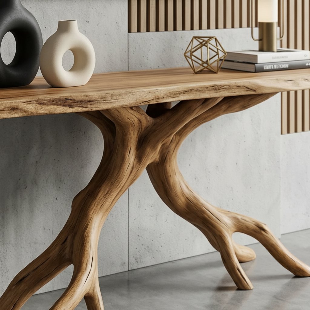 Solid Wood Live-Edge Console Table Forked Root Legs Natural Living Room Accent
