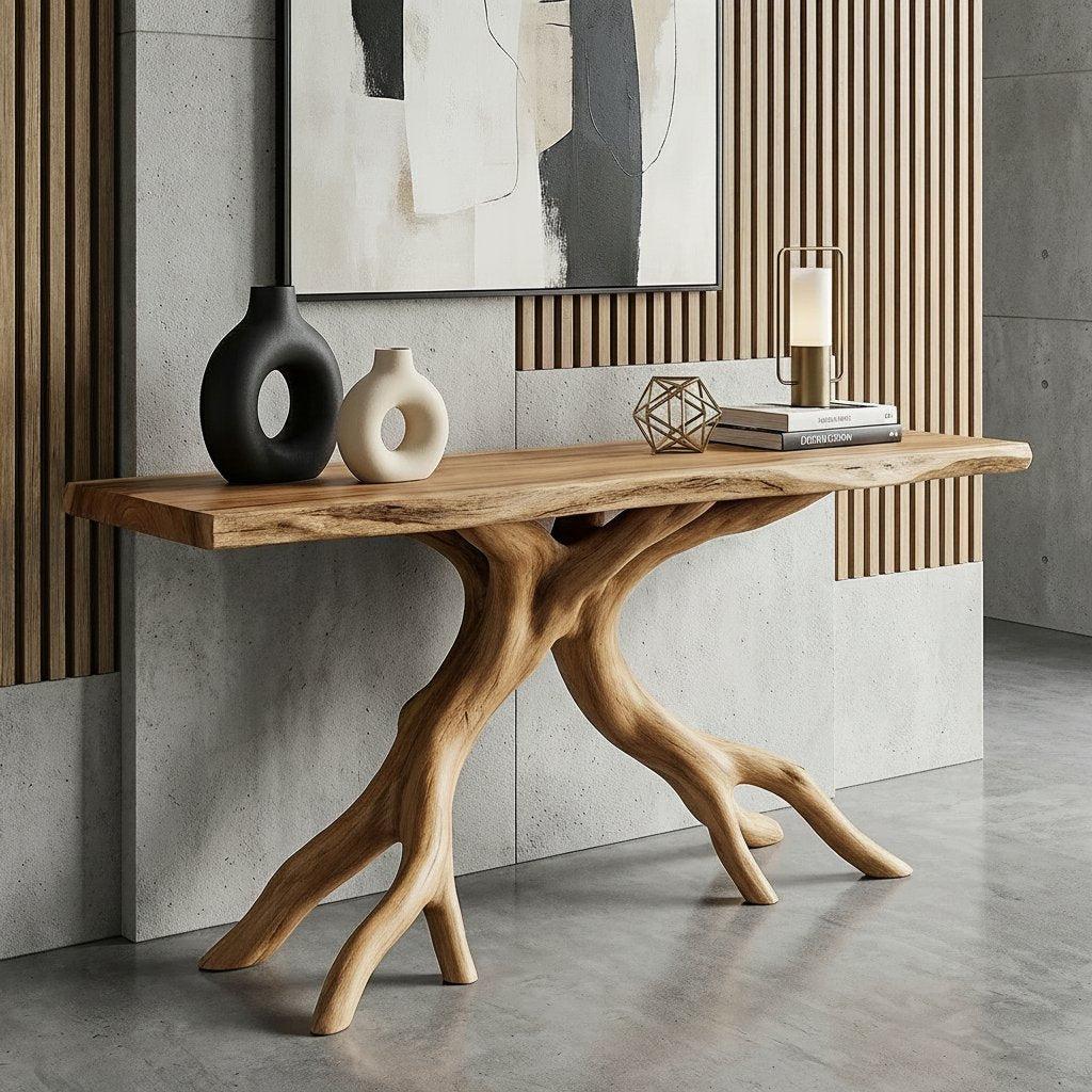 Solid Wood Live-Edge Console Table Forked Root Legs Natural Living Room Accent
