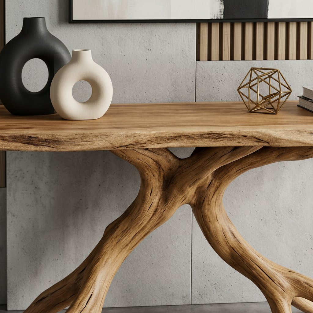 Solid Wood Live-Edge Console Table Forked Root Legs Natural Living Room Accent