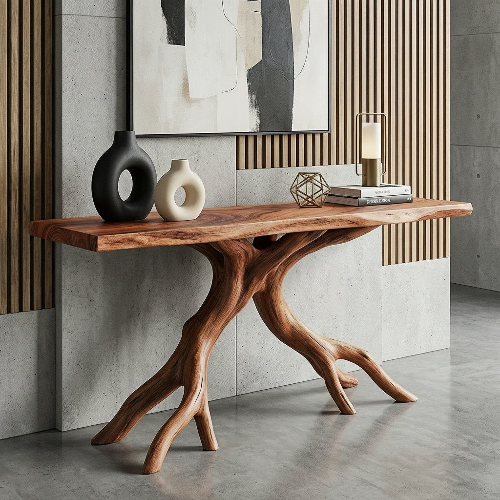 Solid Wood Live-Edge Console Table Forked Root Legs Natural Living Room Accent