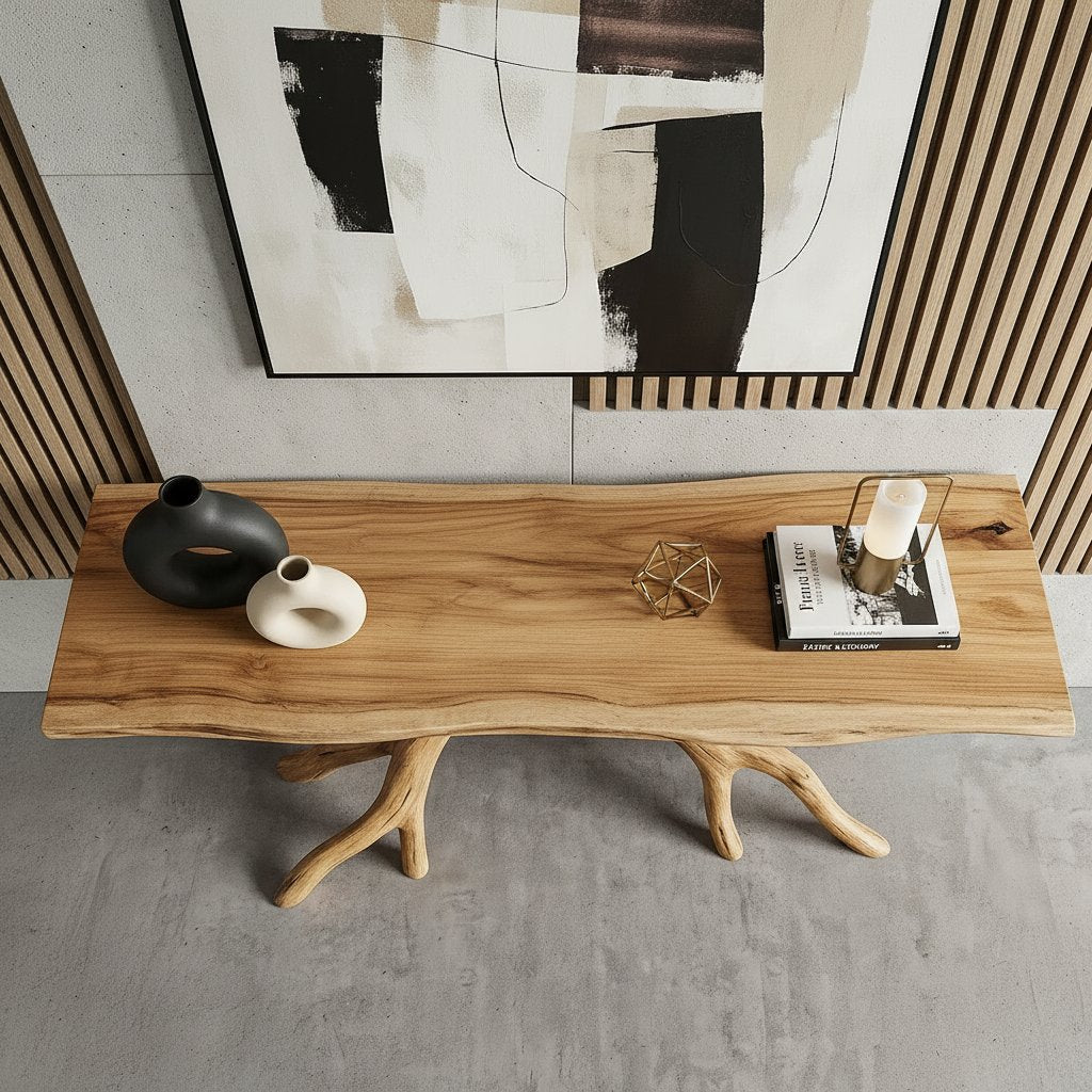 Solid Wood Live-Edge Console Table Forked Root Legs Natural Living Room Accent