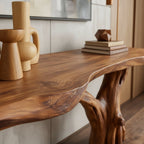 Solid Wood Live-Edge Console Table Chunky Slab Sculpted Root Base Rustic Entryway