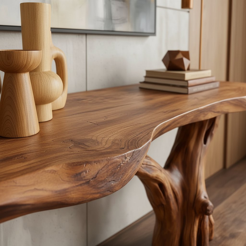 Solid Wood Live-Edge Console Table Chunky Slab Sculpted Root Base Rustic Entryway