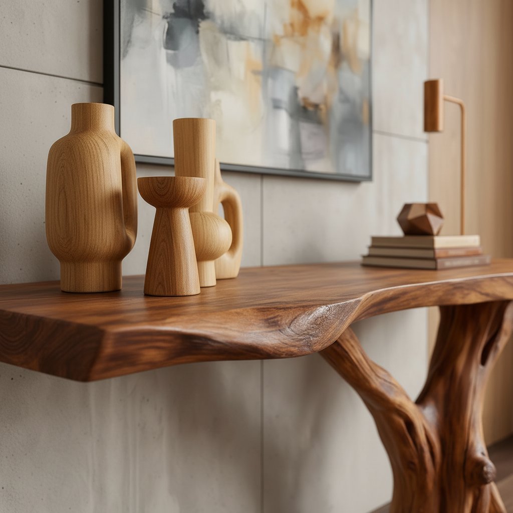 Solid Wood Live-Edge Console Table Chunky Slab Sculpted Root Base Rustic Entryway
