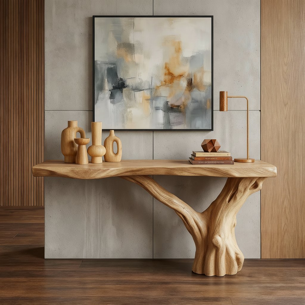 Solid Wood Live-Edge Console Table Chunky Slab Sculpted Root Base Rustic Entryway