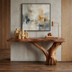 Solid Wood Live-Edge Console Table Chunky Slab Sculpted Root Base Rustic Entryway