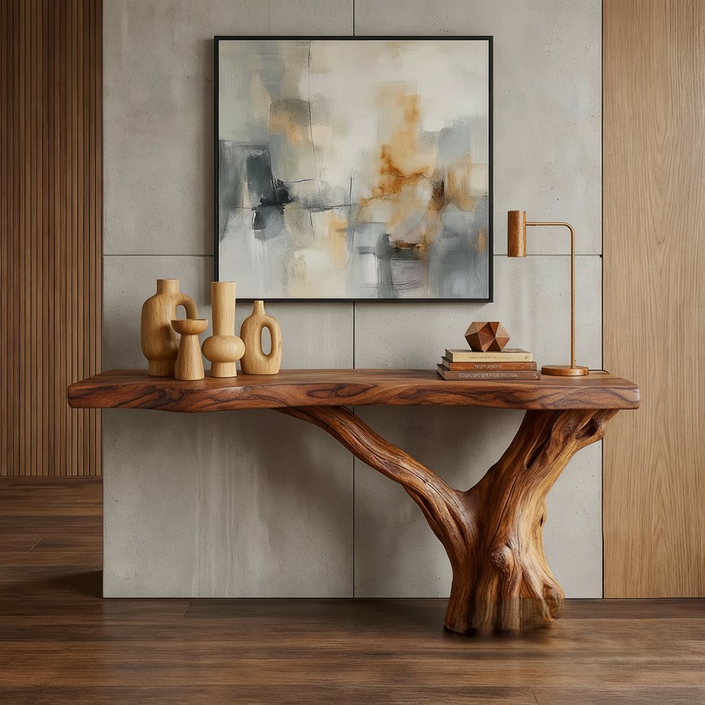 Solid Wood Live-Edge Console Table Chunky Slab Sculpted Root Base Rustic Entryway