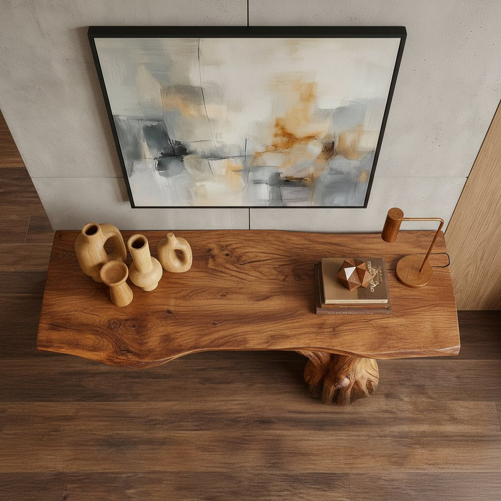 Solid Wood Live-Edge Console Table Chunky Slab Sculpted Root Base Rustic Entryway