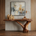 Solid Wood Live-Edge Console Table Chunky Slab Sculpted Root Base Rustic Entryway