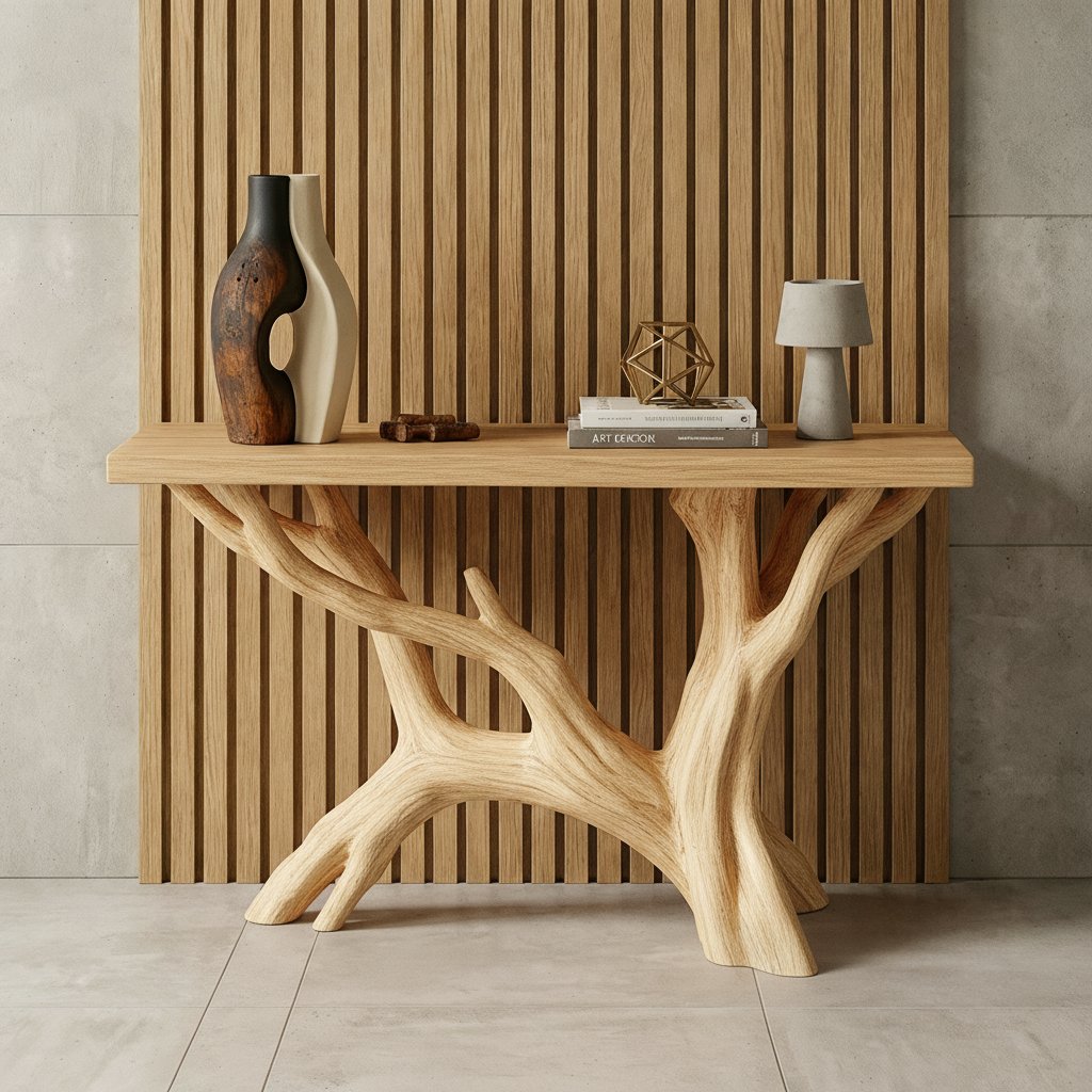 Solid Wood Live-Edge Console Table Branching Tree Limb Base Organic Wall Accent