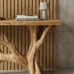 Solid Wood Live-Edge Console Table Branching Tree Limb Base Organic Wall Accent