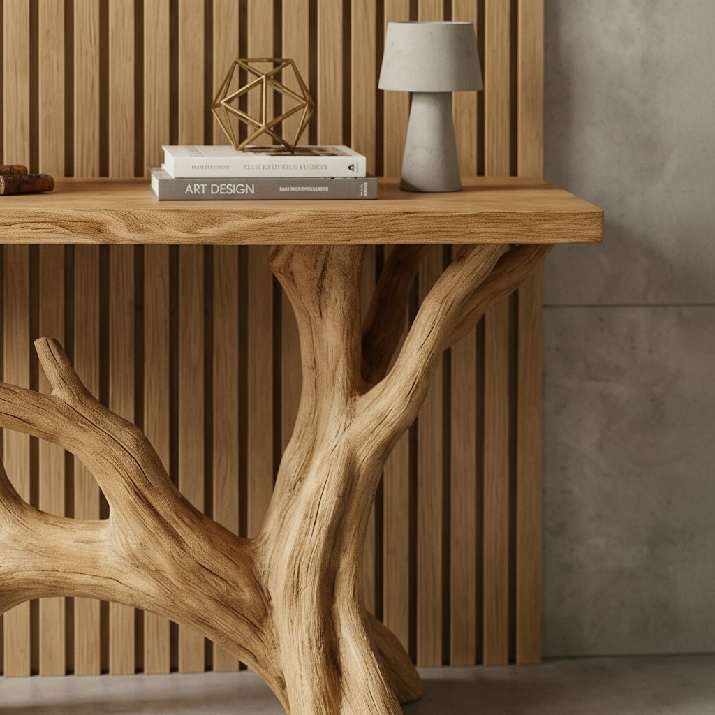 Solid Wood Live-Edge Console Table Branching Tree Limb Base Organic Wall Accent