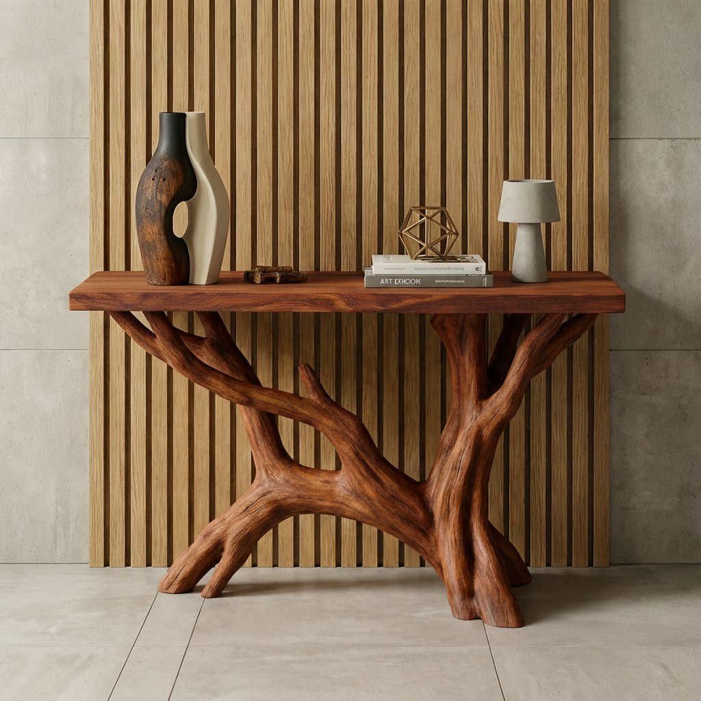 Solid Wood Live-Edge Console Table Branching Tree Limb Base Organic Wall Accent