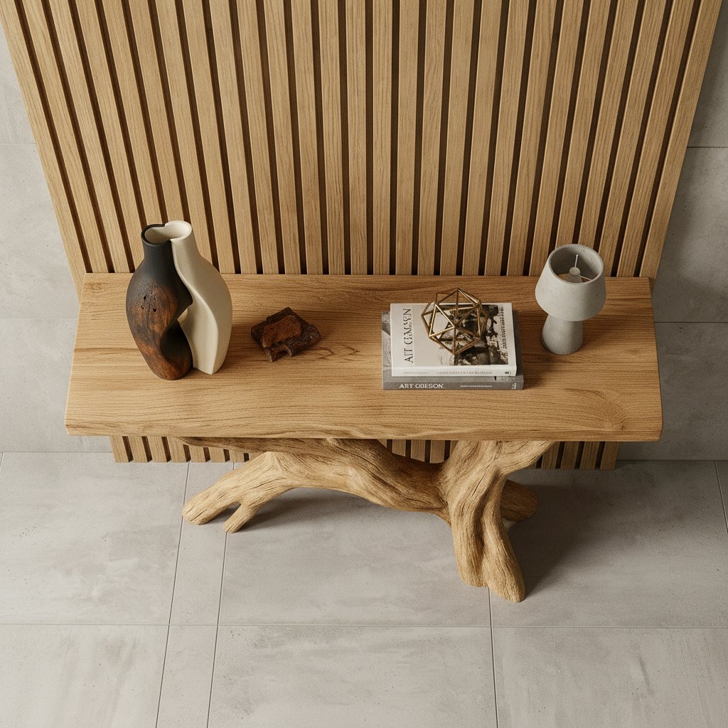 Solid Wood Live-Edge Console Table Branching Tree Limb Base Organic Wall Accent