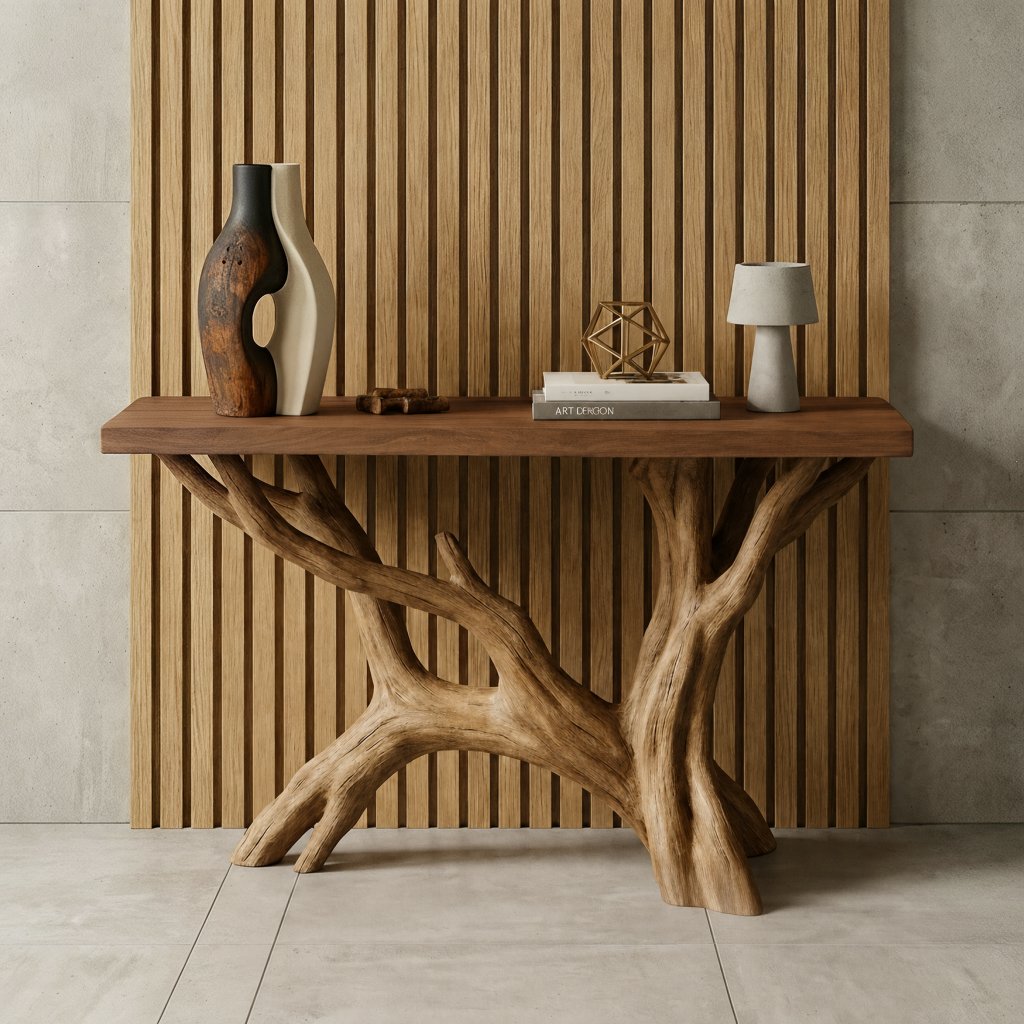 Solid Wood Live-Edge Console Table Branching Tree Limb Base Organic Wall Accent