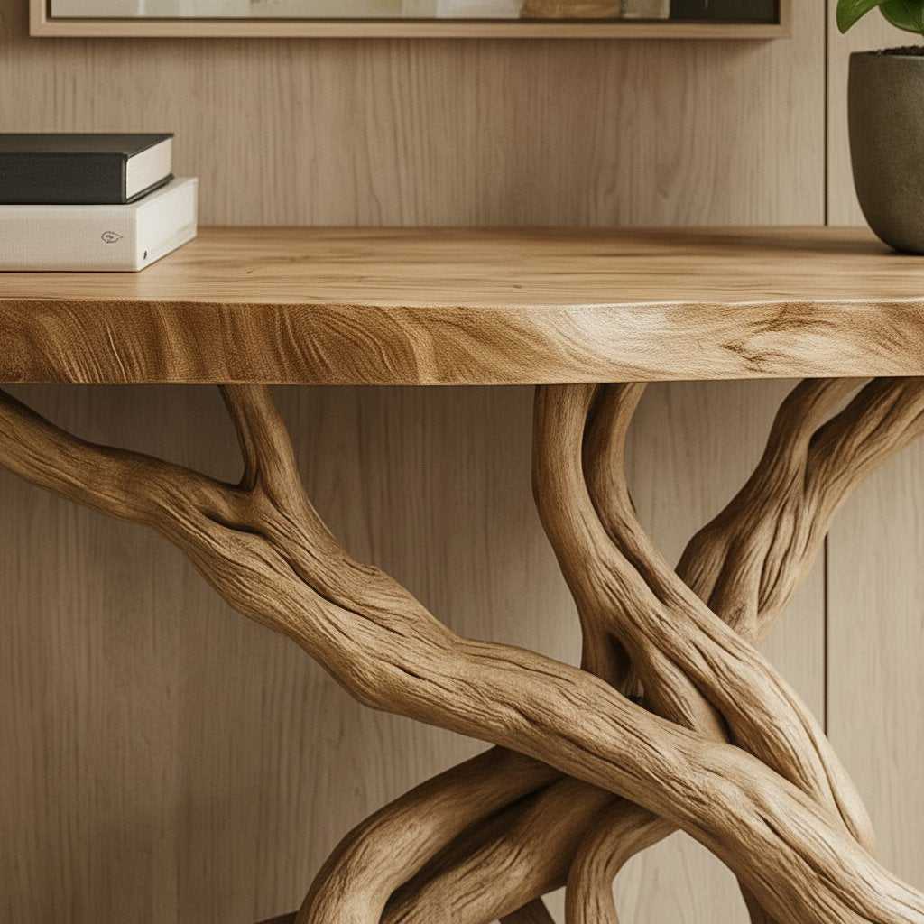 Solid Wood Live-Edge Console Table Intertwined Branch Base Oak Entryway Accent