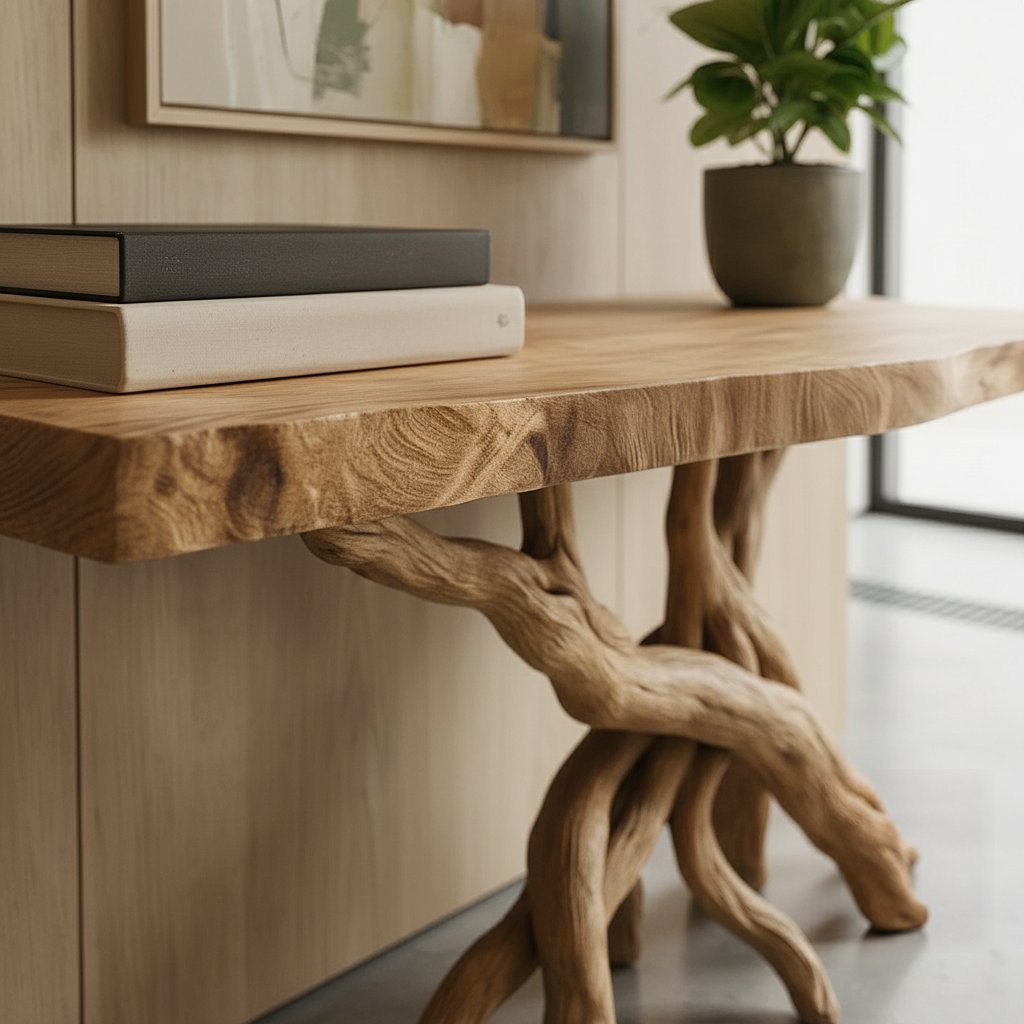 Solid Wood Live-Edge Console Table Intertwined Branch Base Oak Entryway Accent