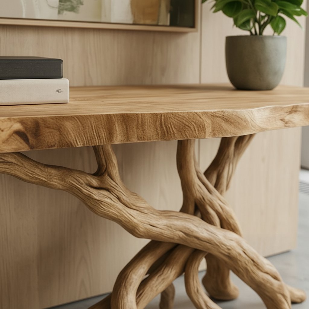 Solid Wood Live-Edge Console Table Intertwined Branch Base Oak Entryway Accent