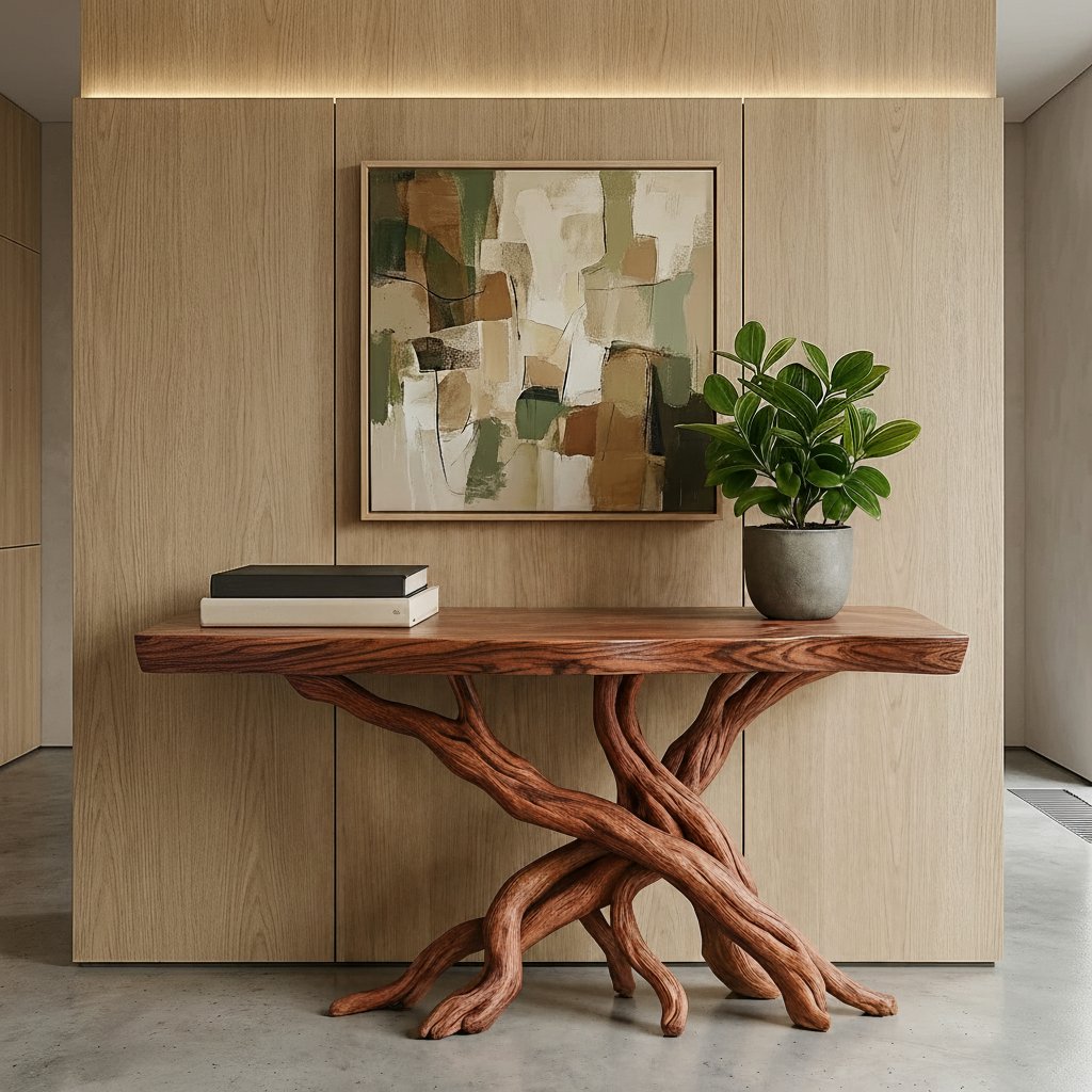Solid Wood Live-Edge Console Table Intertwined Branch Base Oak Entryway Accent