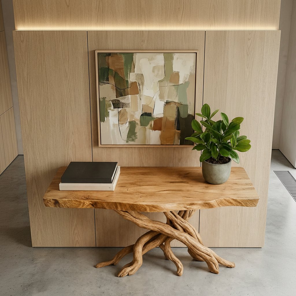 Solid Wood Live-Edge Console Table Intertwined Branch Base Oak Entryway Accent