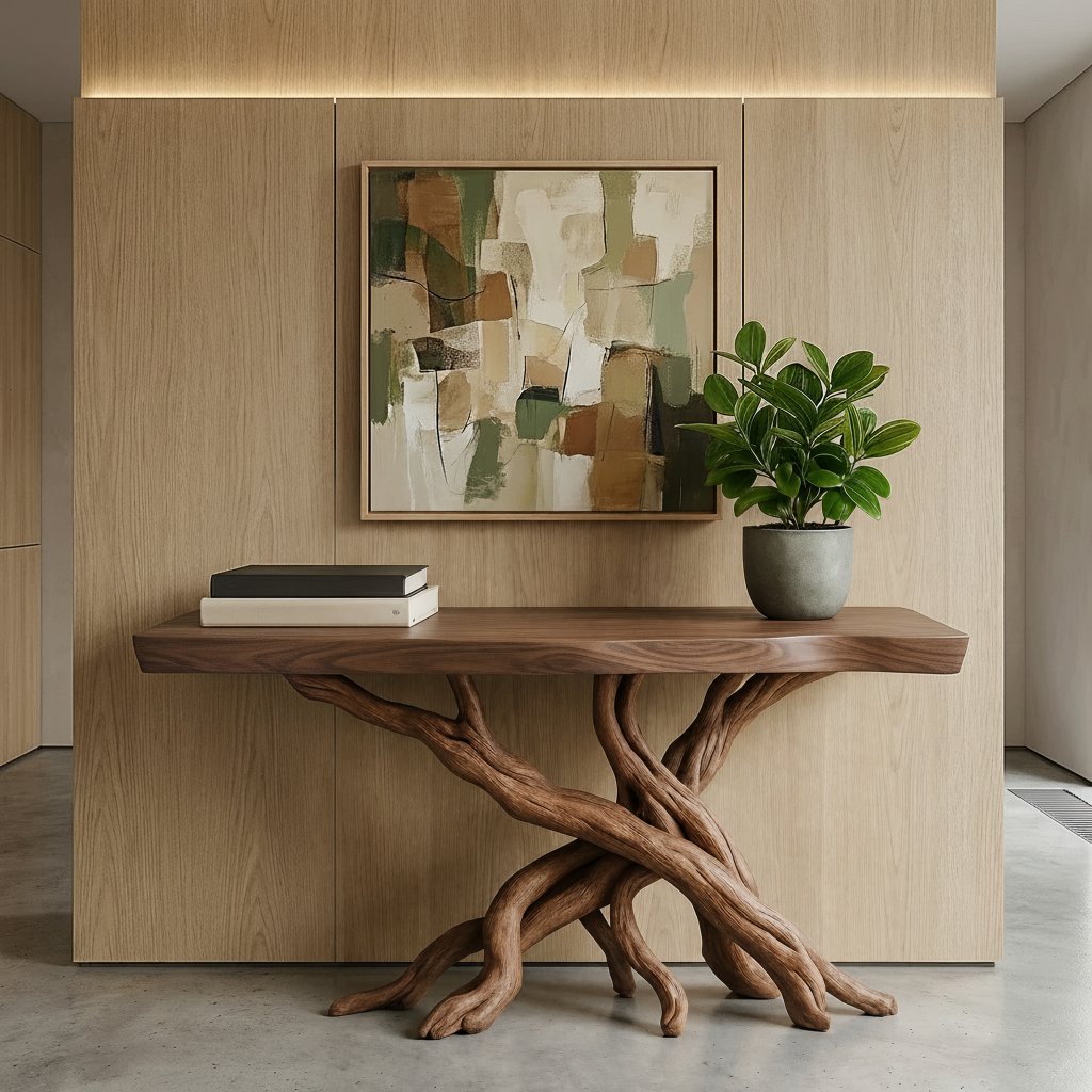 Solid Wood Live-Edge Console Table Intertwined Branch Base Oak Entryway Accent