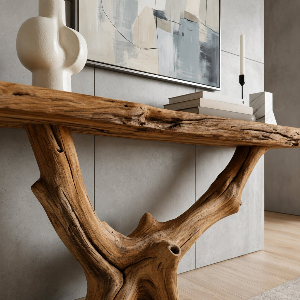 Solid Wood Live-Edge Console Table Gnarled Driftwood Root Base Coastal Entryway