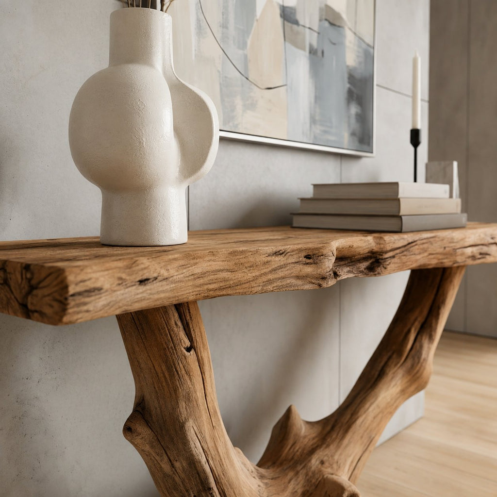 Solid Wood Live-Edge Console Table Gnarled Driftwood Root Base Coastal Entryway