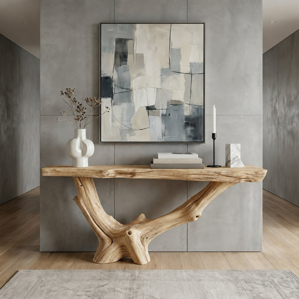 Solid Wood Live-Edge Console Table Gnarled Driftwood Root Base Coastal Entryway
