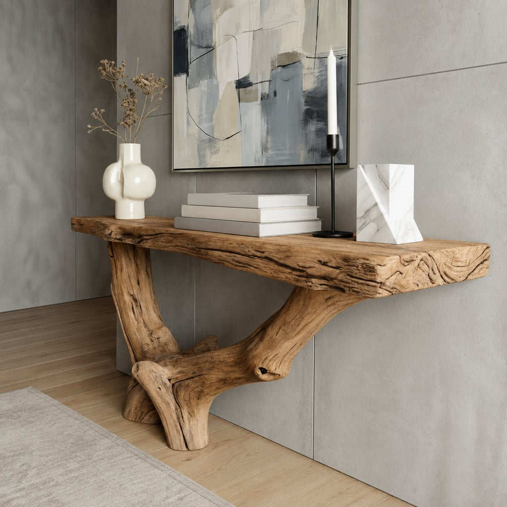 Solid Wood Live-Edge Console Table Gnarled Driftwood Root Base Coastal Entryway