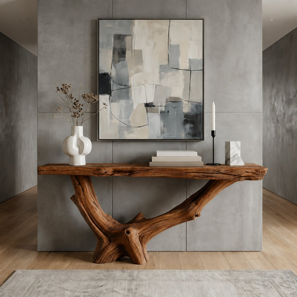 Solid Wood Live-Edge Console Table Gnarled Driftwood Root Base Coastal Entryway