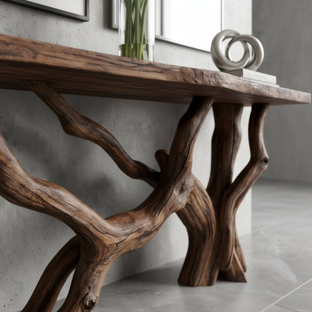 Solid Wood Live-Edge Console Table Tangled Branch Base Walnut Living Room Accent