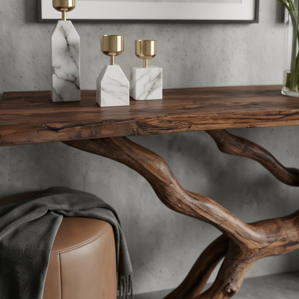Solid Wood Live-Edge Console Table Tangled Branch Base Walnut Living Room Accent