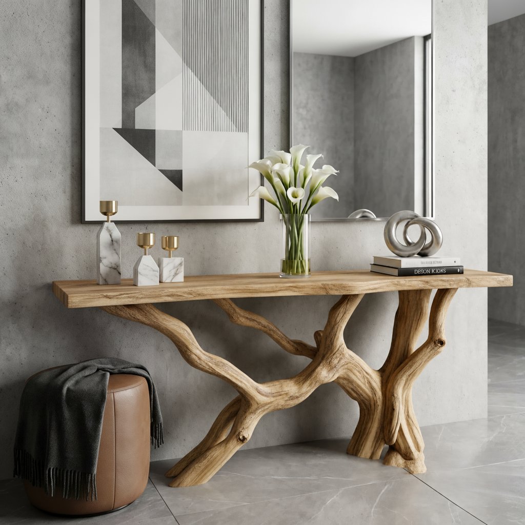 Solid Wood Live-Edge Console Table Tangled Branch Base Walnut Living Room Accent