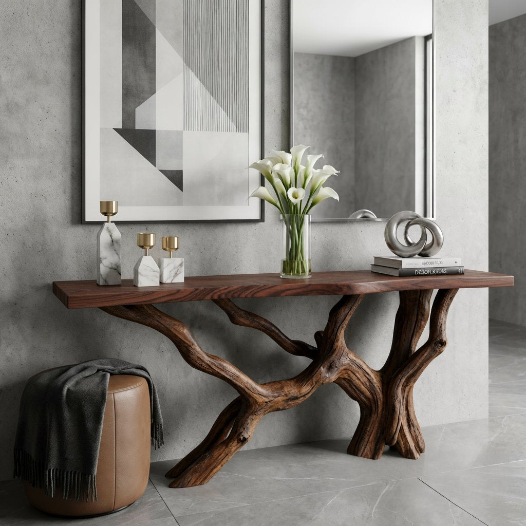 Solid Wood Live-Edge Console Table Tangled Branch Base Walnut Living Room Accent