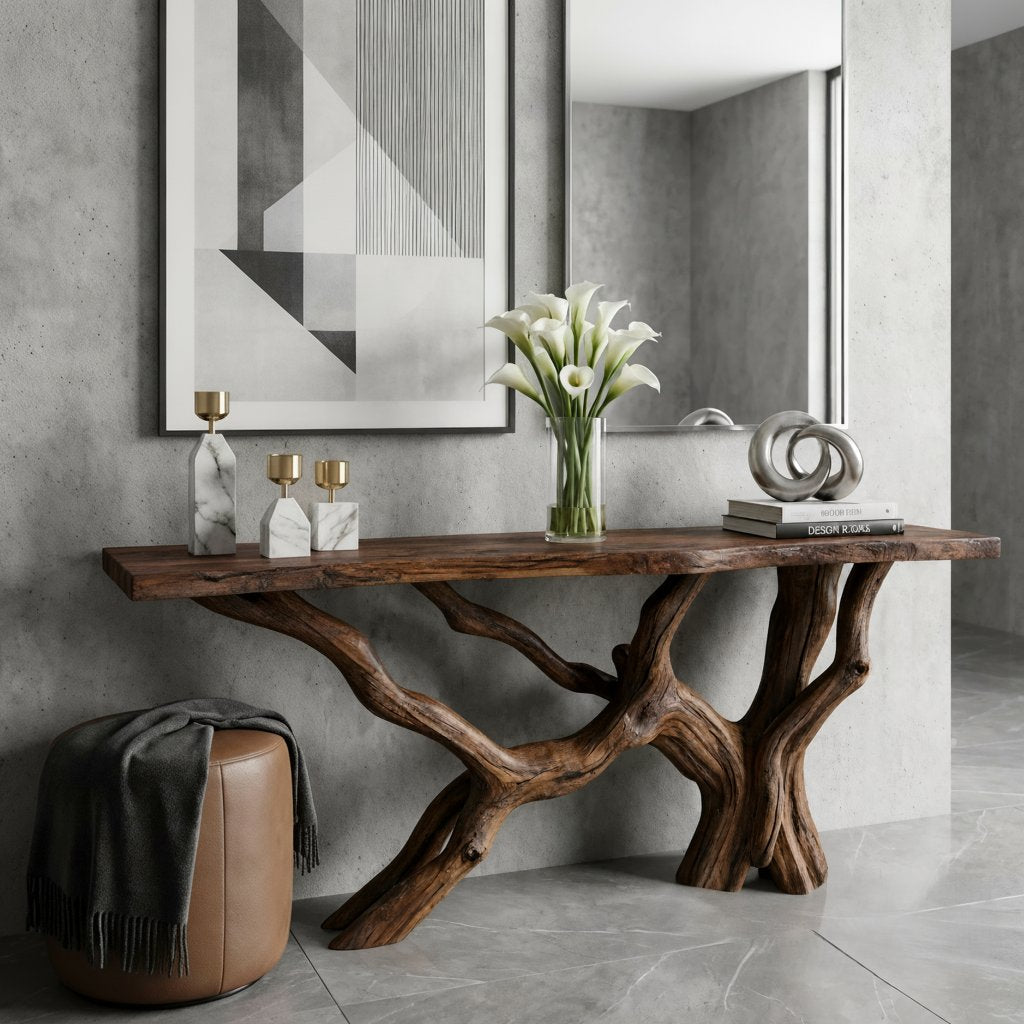 Solid Wood Live-Edge Console Table Tangled Branch Base Walnut Living Room Accent