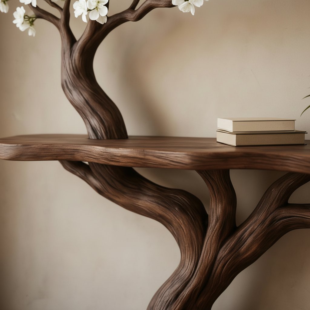 Solid Wood Tree-Branch Console Table Blossoming Limb Tiered Shelves Organic Accent
