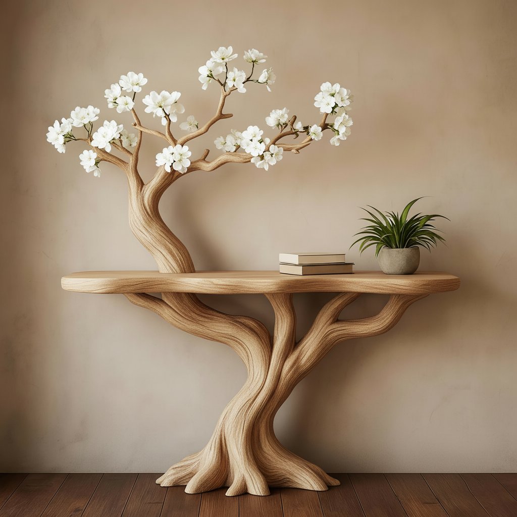 Solid Wood Tree-Branch Console Table Blossoming Limb Tiered Shelves Organic Accent