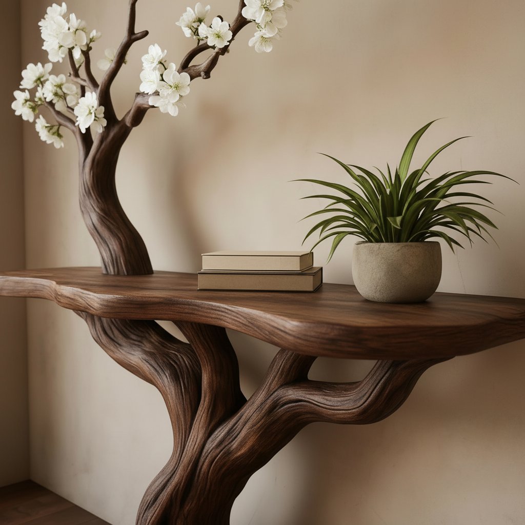 Solid Wood Tree-Branch Console Table Blossoming Limb Tiered Shelves Organic Accent