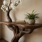 Solid Wood Tree-Branch Console Table Blossoming Limb Tiered Shelves Organic Accent