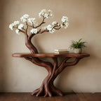 Solid Wood Tree-Branch Console Table Blossoming Limb Tiered Shelves Organic Accent