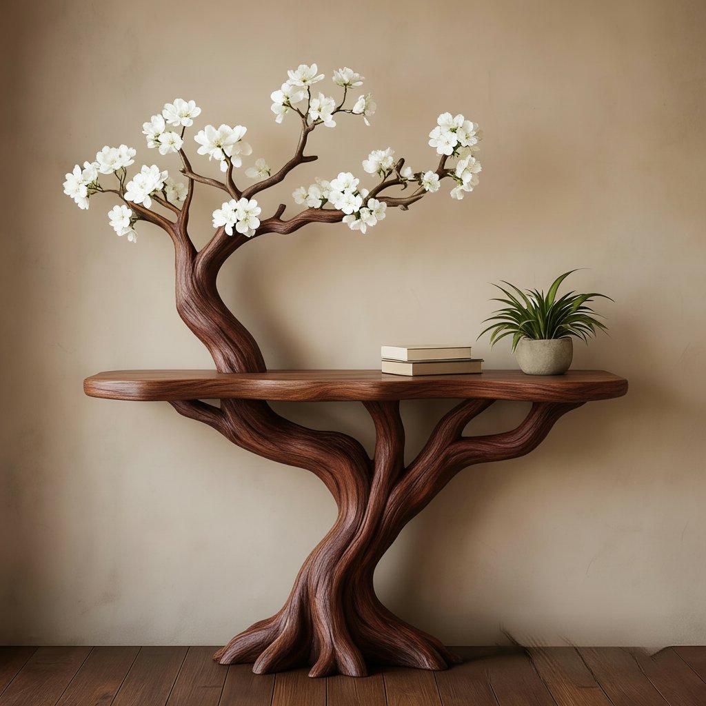 Solid Wood Tree-Branch Console Table Blossoming Limb Tiered Shelves Organic Accent