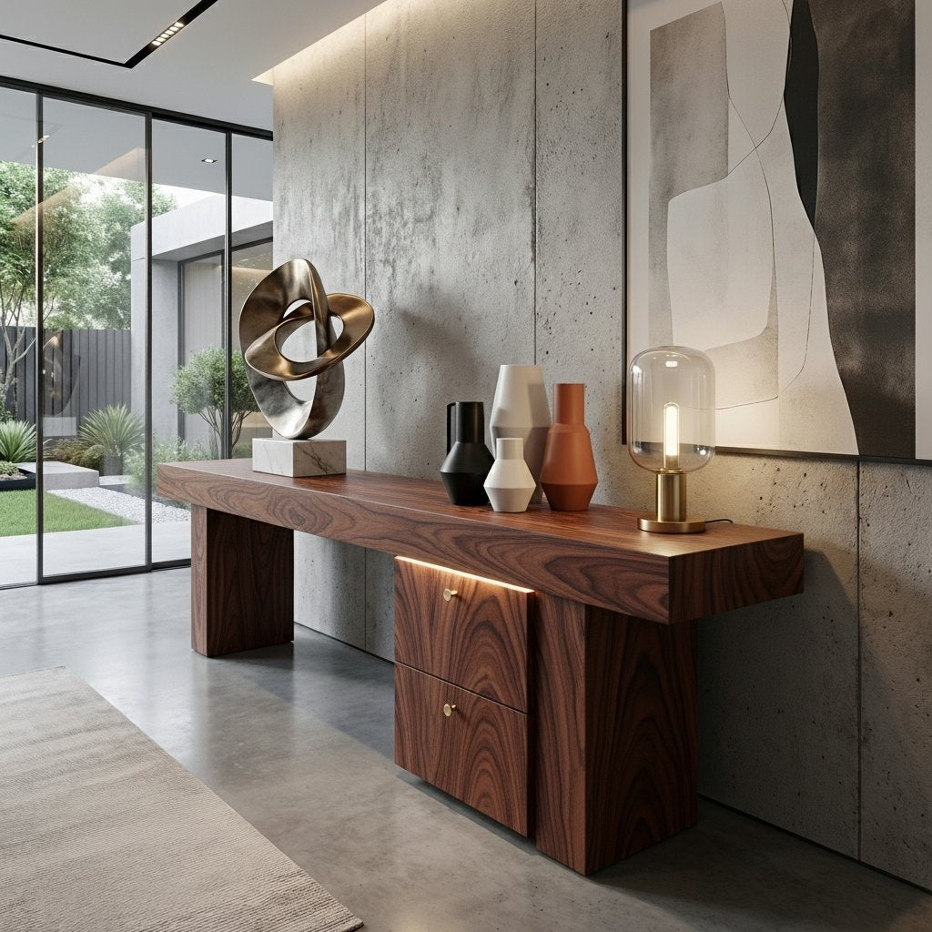 Solid Wood Console Table Rectangular Slab Top Drawer Cabinet Base Modern Living Room