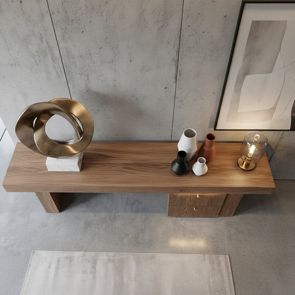 Solid Wood Console Table Rectangular Slab Top Drawer Cabinet Base Modern Living Room